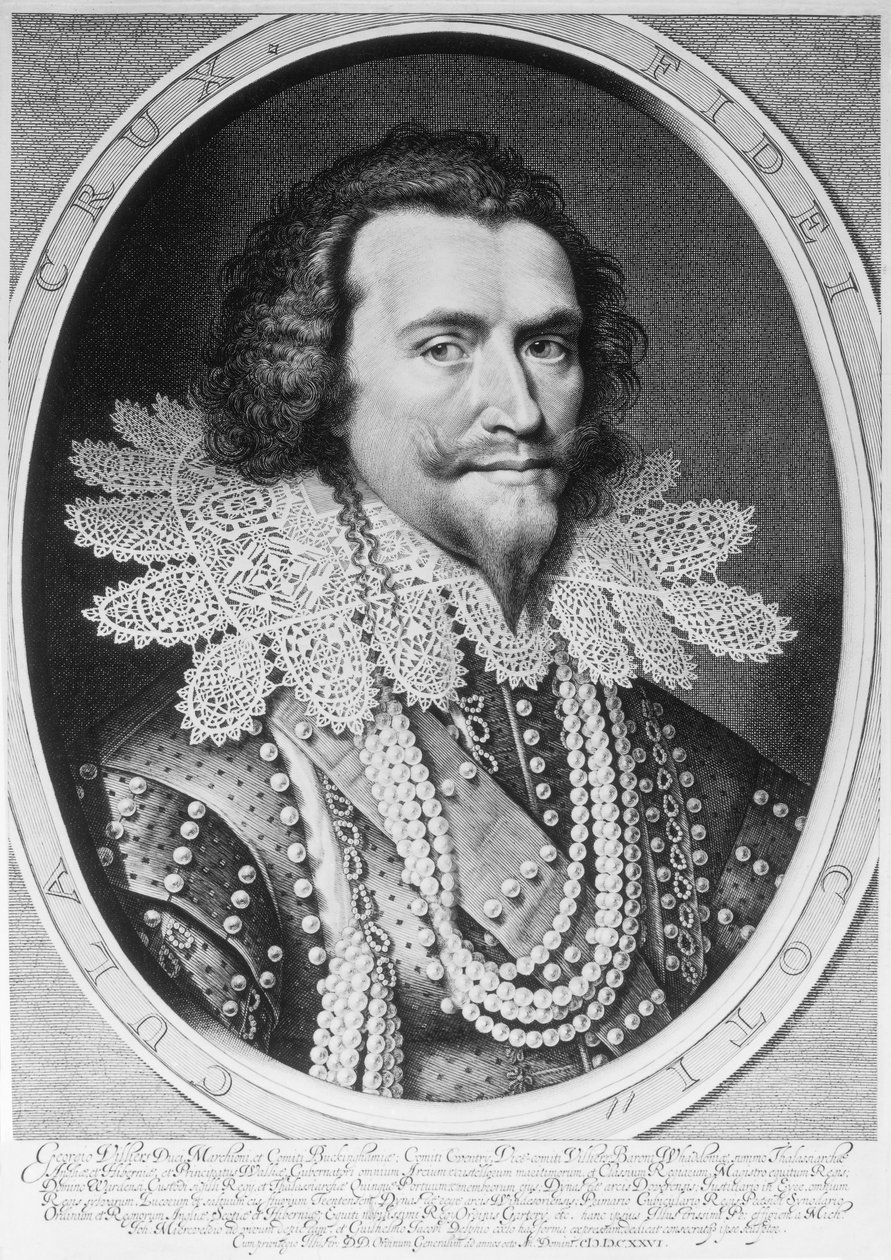 जॉर्ज विलियर्स का पोर्ट्रेट, बकिंघम का पहला ड्यूक (1592-1628) विलेम जैकब्स द्वारा उत्कीर्ण किया गया। डेल्फ़ (1580-1638) 1626 (उत्कीर्णन) (bw फोटो) द्वारा मिचेल जांज़ वान मिरेवेल्ड