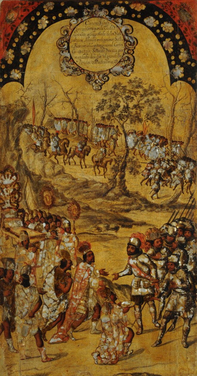 मेक्सिको की विजय, पैनल VIII, c.1696-1715 (लकड़ी पर पेंट) द्वारा मिगुएल गोंजालेज