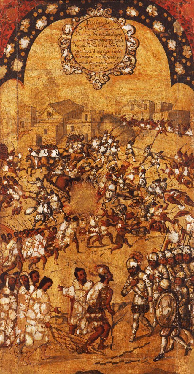 मेक्सिको की विजय, पैनल V, c.1696-1715 (लकड़ी पर पेंट) द्वारा मिगुएल गोंजालेज