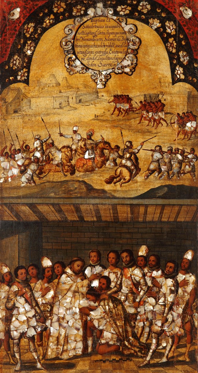 मेक्सिको की विजय, पैनल XIX, c.1696-1715 (लकड़ी पर पेंट) द्वारा मिगुएल गोंजालेज