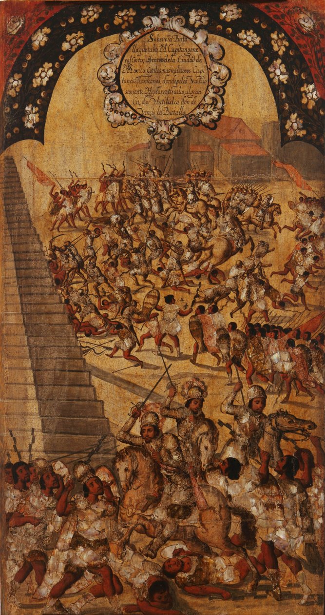 मेक्सिको की विजय, पैनल XVI, c.1696-1715 (लकड़ी पर पेंट) द्वारा मिगुएल गोंजालेज