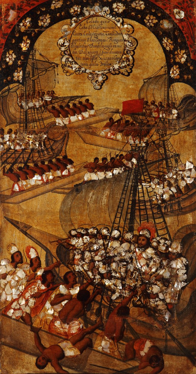 मेक्सिको की विजय, पैनल XXII, c.1696-1715 (लकड़ी पर पेंट) द्वारा मिगुएल गोंजालेज