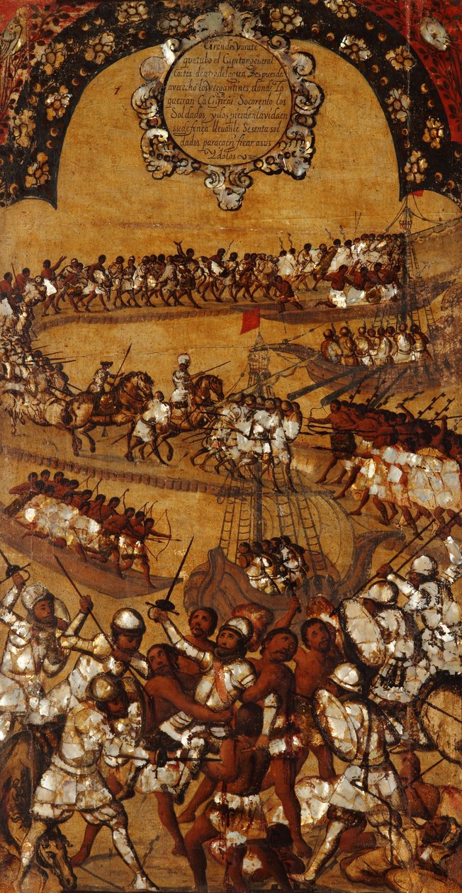 मेक्सिको की विजय, पैनल XXI, c.1696-1715 (लकड़ी पर पेंट) द्वारा मिगुएल गोंजालेज