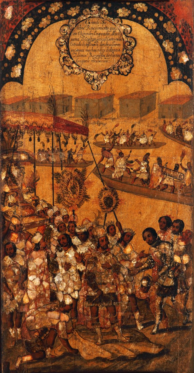 मेक्सिको की विजय, पैनल एक्स, c.1696-1715 (लकड़ी पर पेंट) द्वारा मिगुएल गोंजालेज