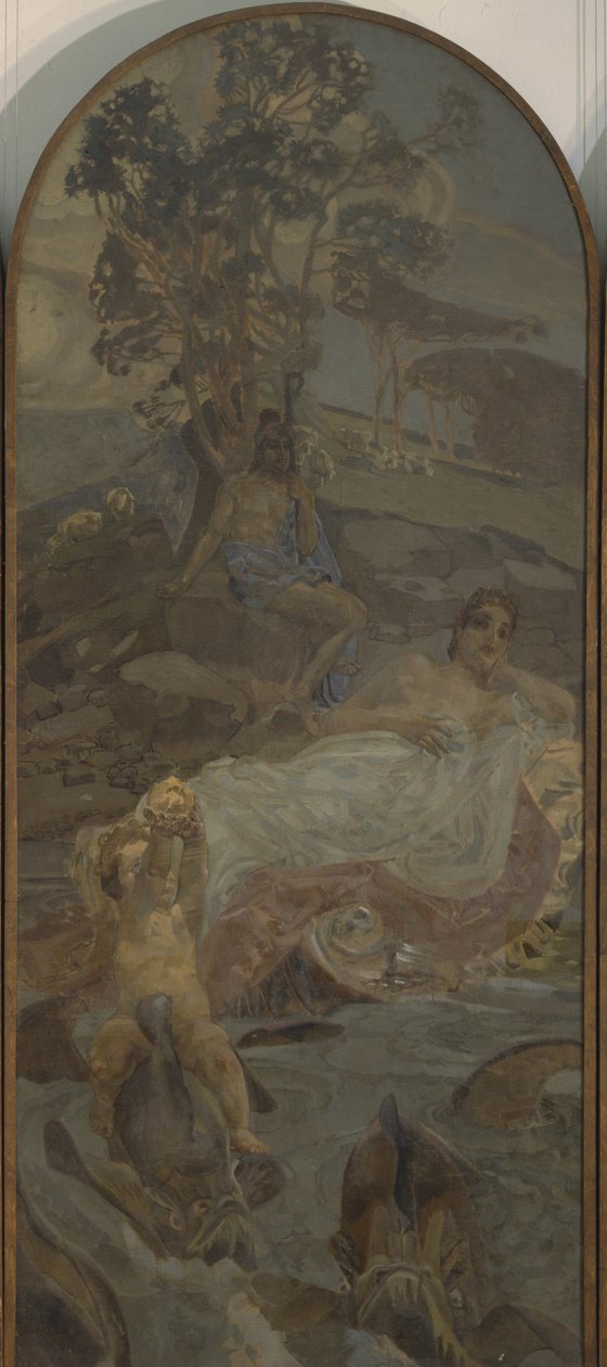 वीनस, अमोर और पेरिस ट्रिप्टिच द जजमेंट ऑफ पेरिस, सेंट्रल पार्ट, 1893 द्वारा मिखाइल अलेक्जेंड्रोविच व्रुबेल