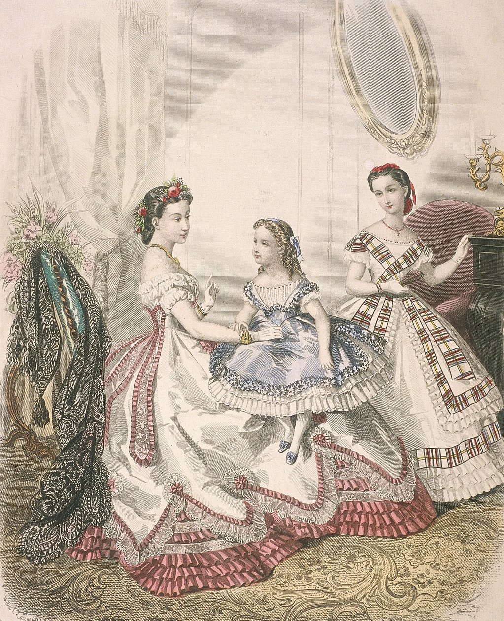 नवीनतम इनडोर फैशन पहने हुए दो महिलाएं और एक छोटी लड़की, c1860 द्वारा मिलिया लैकोरिएर