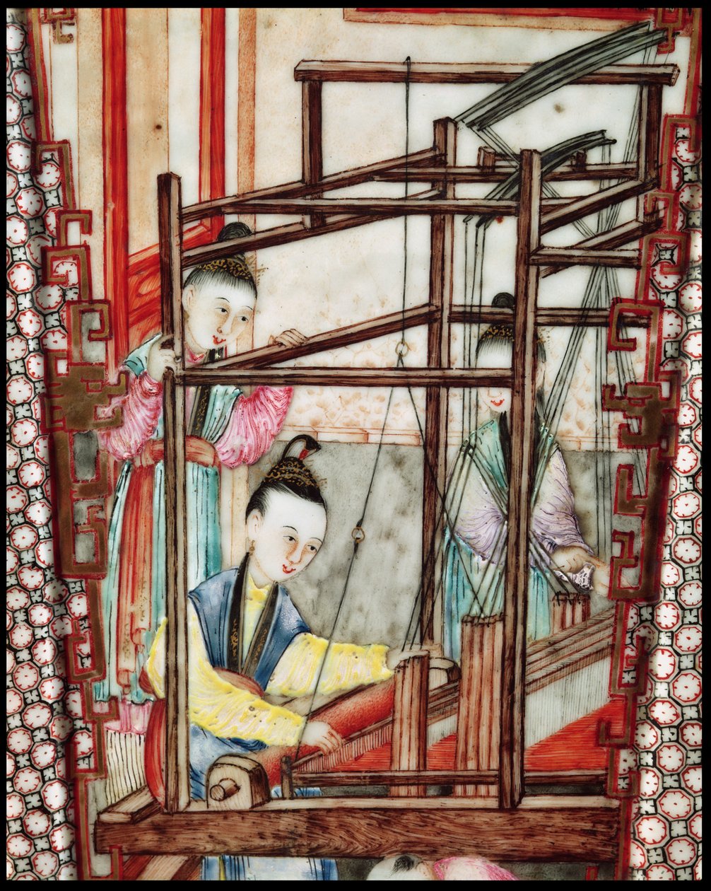 रेशम की बुनाई (सिरेमिक) को दर्शाने वाले फूलदान का विवरण द्वारा मिंग राजवंश चीनी स्कूल