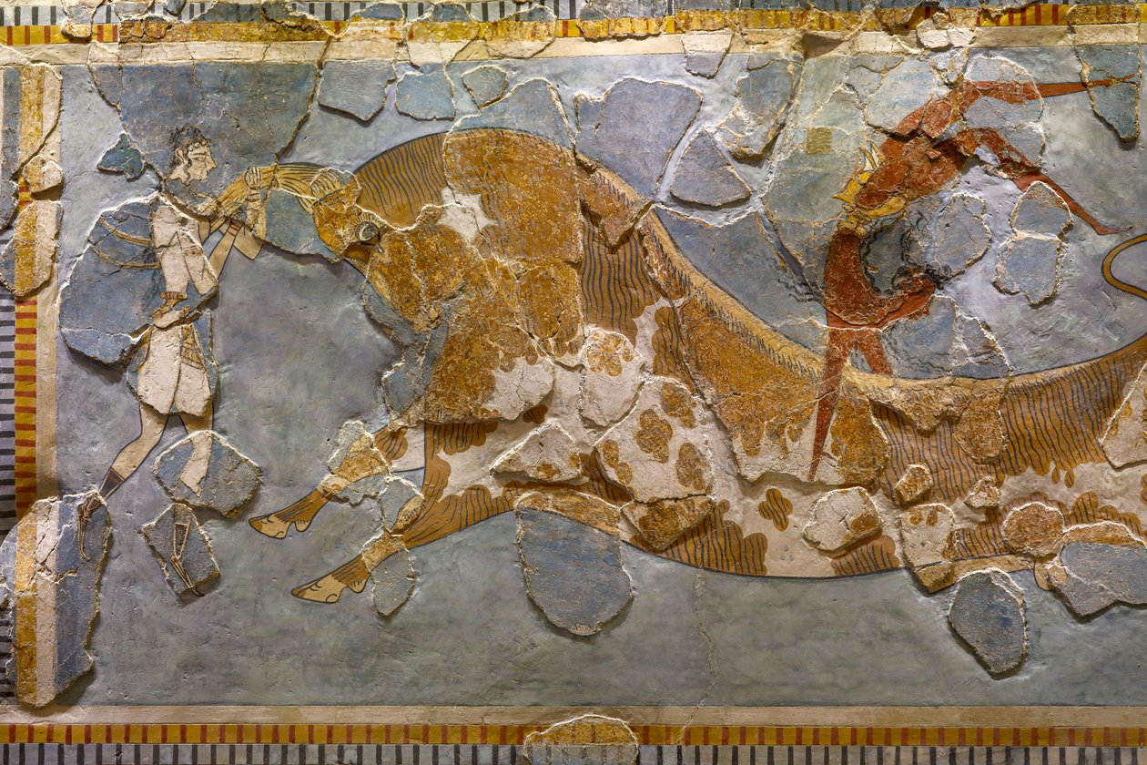 बुल लीपिंग फ़्रेस्को का विवरण। नोसोस में पाया गया द्वारा Minoan