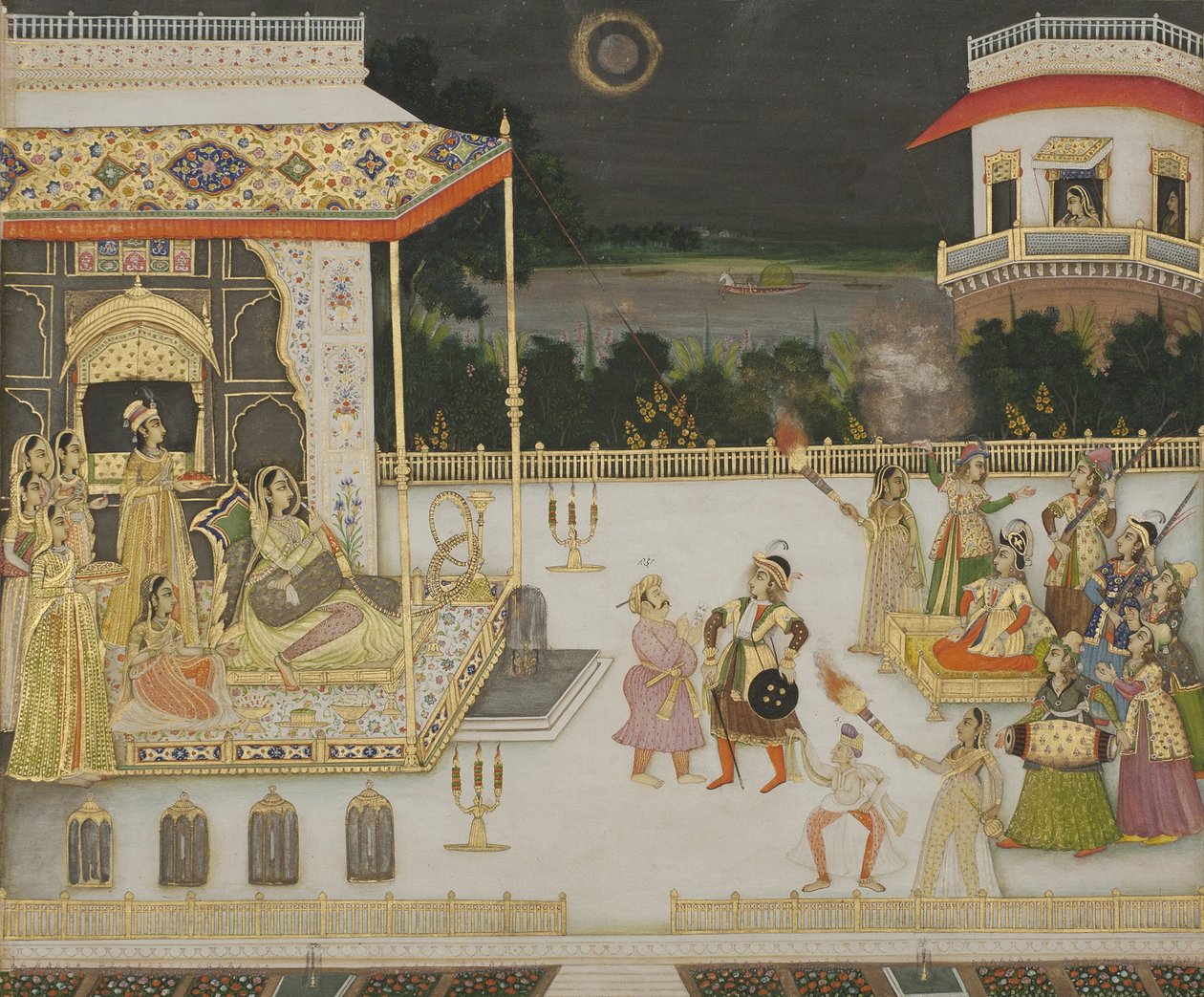 रानी उधम बाई का मनोरंजन, 1742 (कागज पर अपारदर्शी wc और सोना) द्वारा मीर मिरान