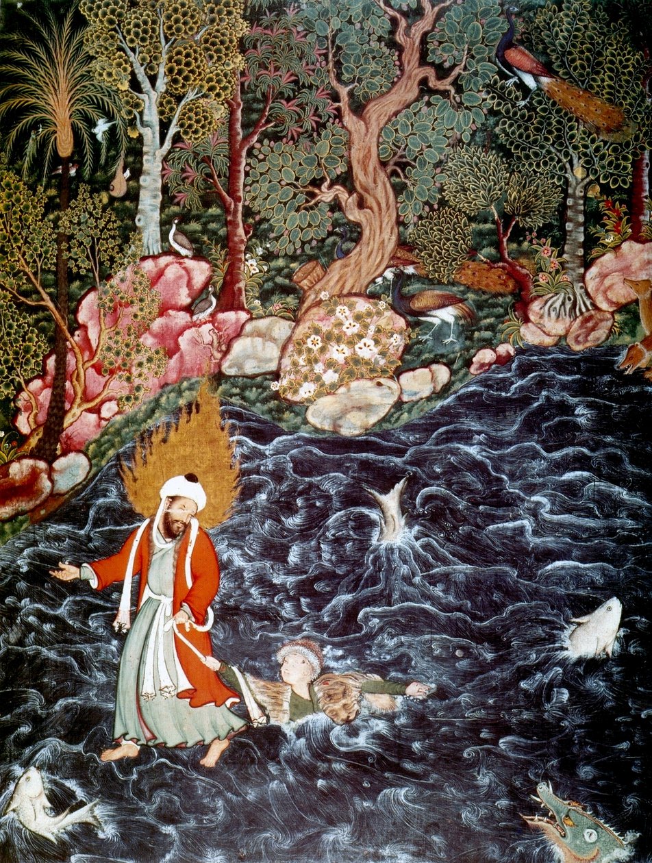 The prophet Elijah rescuing Prince Nur ad-Dahr, 1562-1577.   द्वारा मैं सैय्यद अली