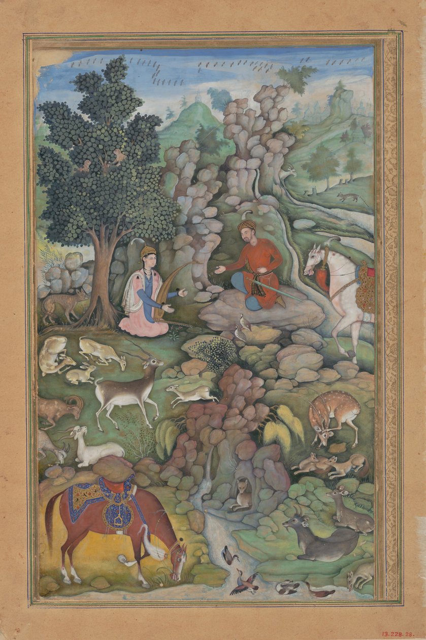 दिलाराम के संगीत से मंत्रमुग्ध बहराम गुर हिरणों के झुंड को देखता है, फोलियो फ्रॉम..., 1597-98। द्वारा मिस्किन
