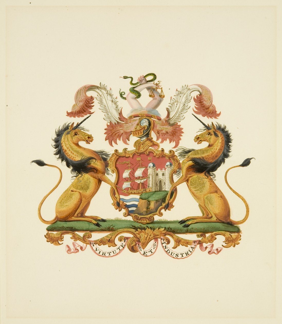 आर्म्स ऑफ़ द सिटी ऑफ़ ब्रिस्टल, c.1830 (पेंसिल और वॉटरकलर पेपर) द्वारा मिस (attr.to) ब्रेकेनरिज