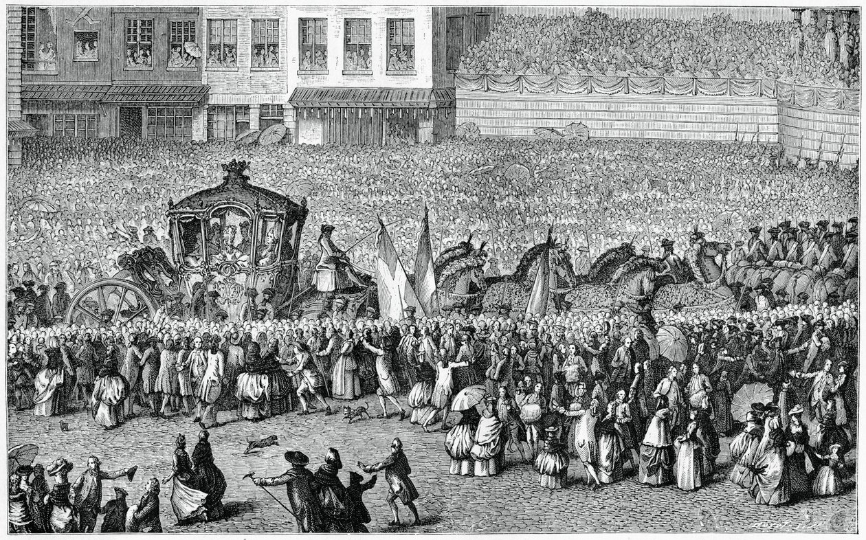 एक परेड, 1782, 1885 में हॉर्स-ड्रॉन कैरिज। द्वारा मोर्यू