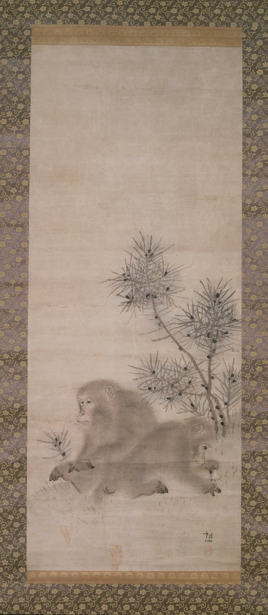 पाइन सैपलिंग और तितली के साथ बंदर, c.1800 (कागज पर पानी के रंग) द्वारा मोरी सोसेन