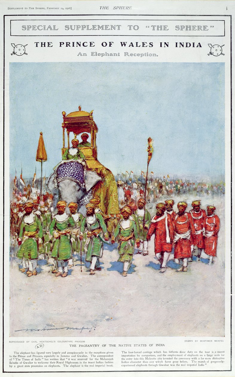 वेल्स के राजकुमार के लिए एक एलिफेंट रिसेप्शन, &39;द स्फीयर&39;, 1906 से चित्रण द्वारा मोर्टिमर लुडिंगटन मेनप्स
