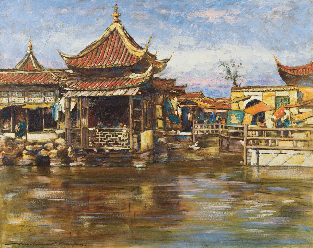 एक टी हाउस, शंघाई, c.1909 (बोर्ड पर गौचे और तेल) द्वारा मोर्टिमर लुडिंगटन मेनप्स