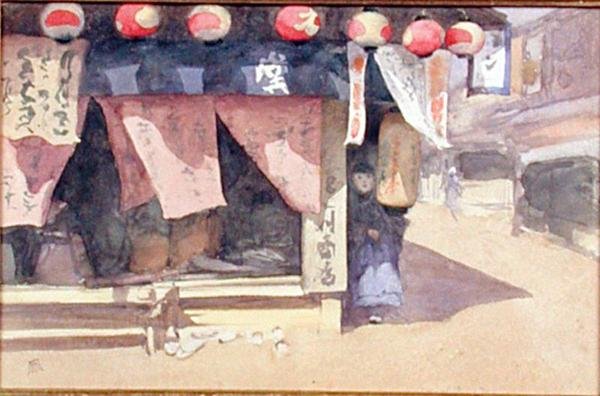 टीहाउस, जापान के बाहर, c.1887-88 (कार्ड पर वॉटरकलर) द्वारा मोर्टिमर लुडिंगटन मेनप्स