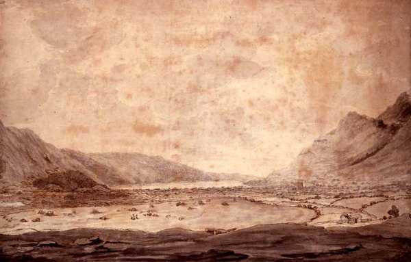 Derwentwater का नयनाभिराम दृश्य और Keswick की घाटी, दूरी में बासवेंवाइट के साथ एक घाटी का विस्तार, c.1772 द्वारा मूसा ग्रिफ़िथ