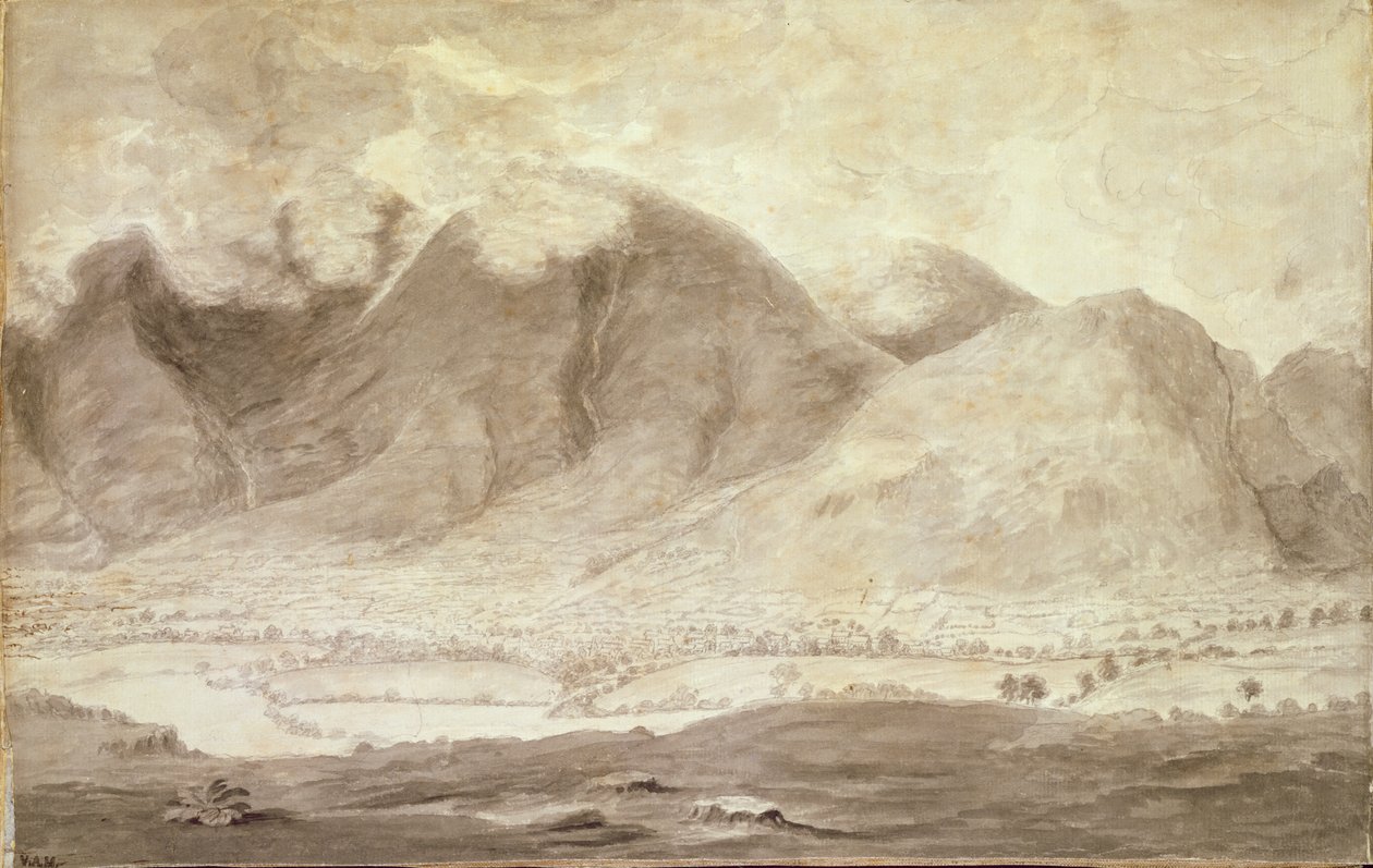Derwentwater का नयनाभिराम दृश्य और Keswick का घाटी, Skiddaw और Keswick का विस्तार, c.1772 पेंसिल और कागज पर धो 92086-88 और 92090-91 द्वारा मूसा ग्रिफ़िथ