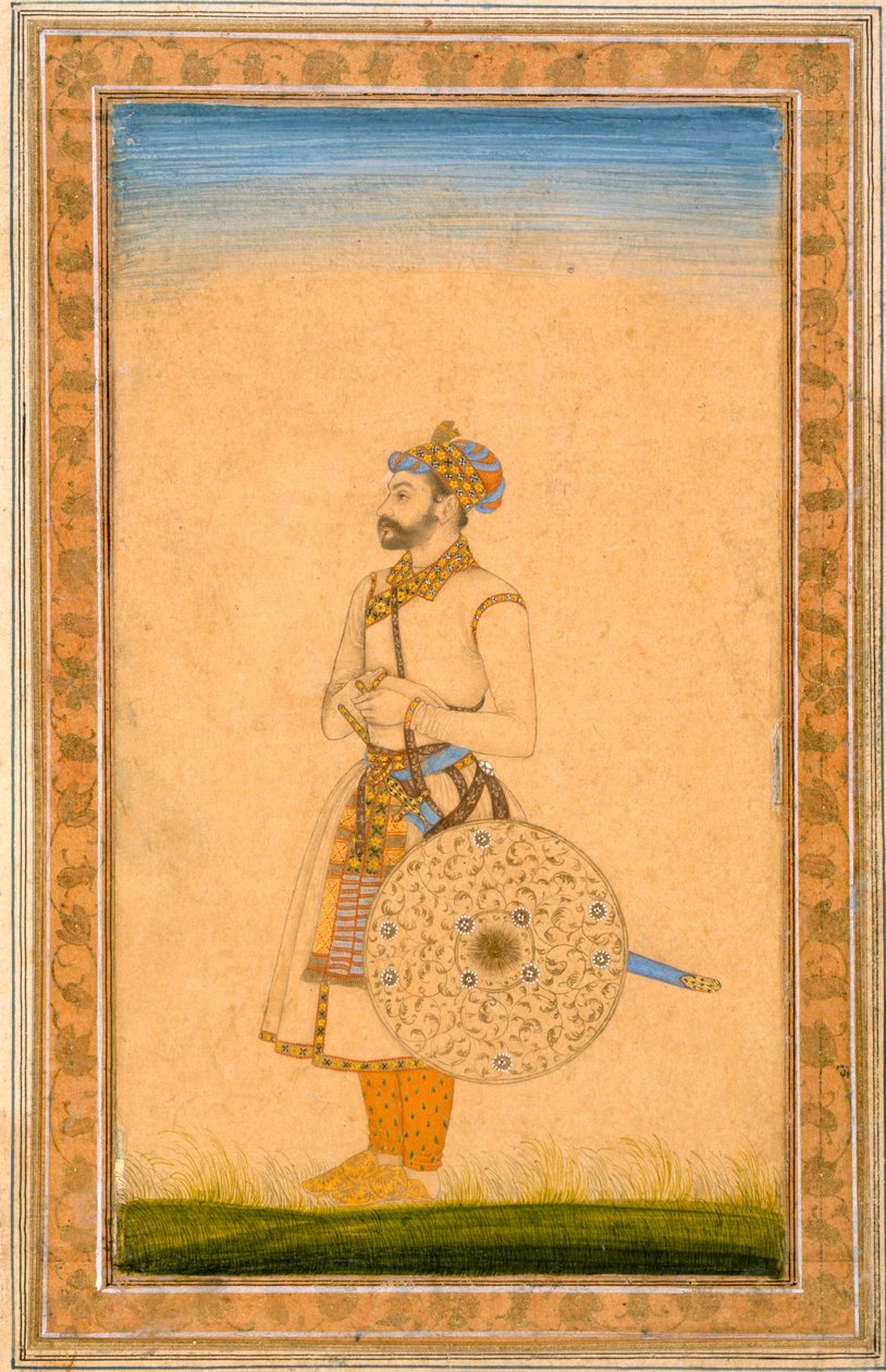 एक अधिकारी, छोटे क्लाइव एल्बम से, तलवार और ढाल के साथ, c.1600 (कागज पर अपारदर्शी wc) द्वारा मुगल स्कूल