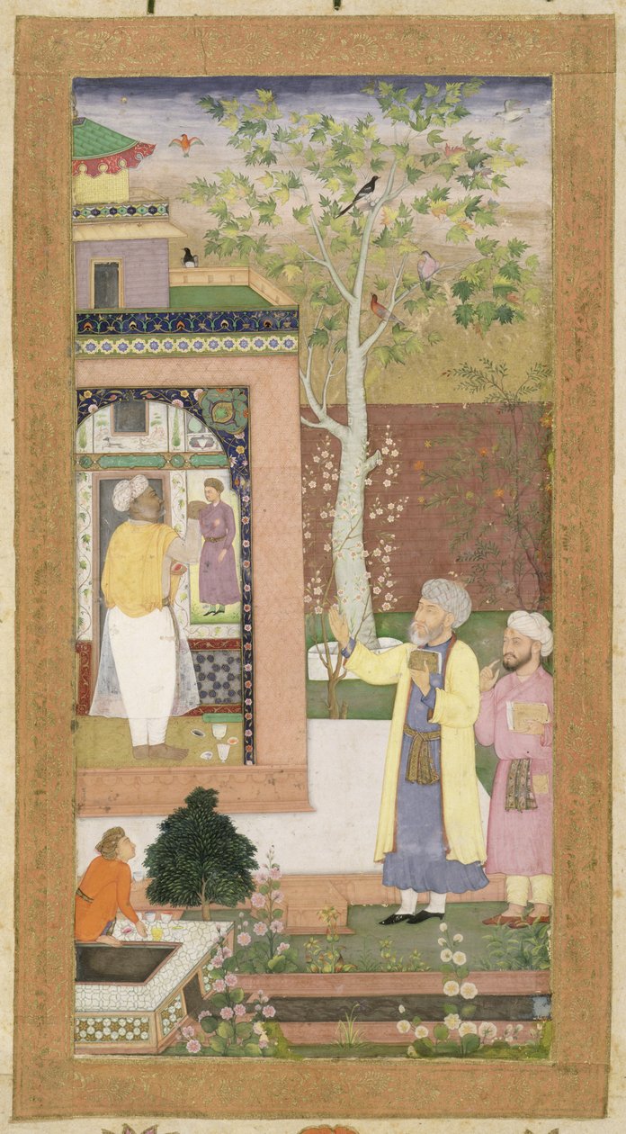 लघु क्लाइव एल्बम, c.1600 (कागज पर अपारदर्शी पत्ती) से बगीचे के मंडप के इंटीरियर को सजाने वाला एक कलाकार द्वारा मुगल स्कूल