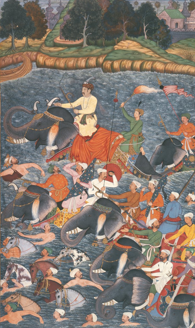 सम्राट अकबर (r.1556-1605) ने 1567 में अबू एल फैज़ी द्वारा बनाए गए &39;अकबरनामा&39; से 1567 में गंगा नदी को पार करते हुए (कागज पर अपारदर्शी wc und सोना) द्वारा मुगल स्कूल