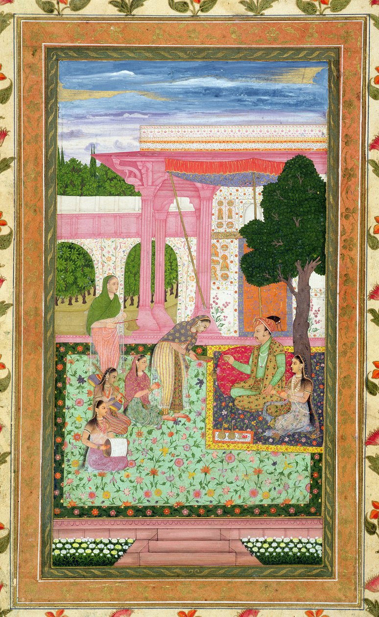 सम्राट जहांगीर (1569-1627) अपनी पत्नी और परिचारक के साथ एक बगीचे में, छोटे क्लाइव एल्बम (कागज पर अपारदर्शी wc) से द्वारा मुगल स्कूल