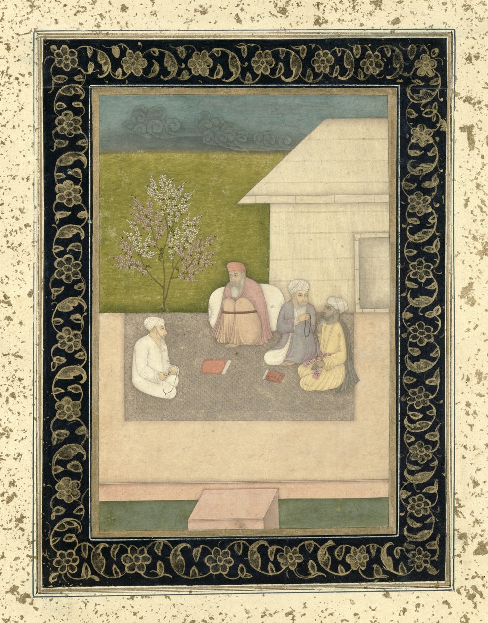 लार्ज क्लाइव एल्बम से चार मुस्लिम पवित्र व्यक्ति एक झोपड़ी के बाहर ध्यान में बैठे द्वारा मुगल स्कूल