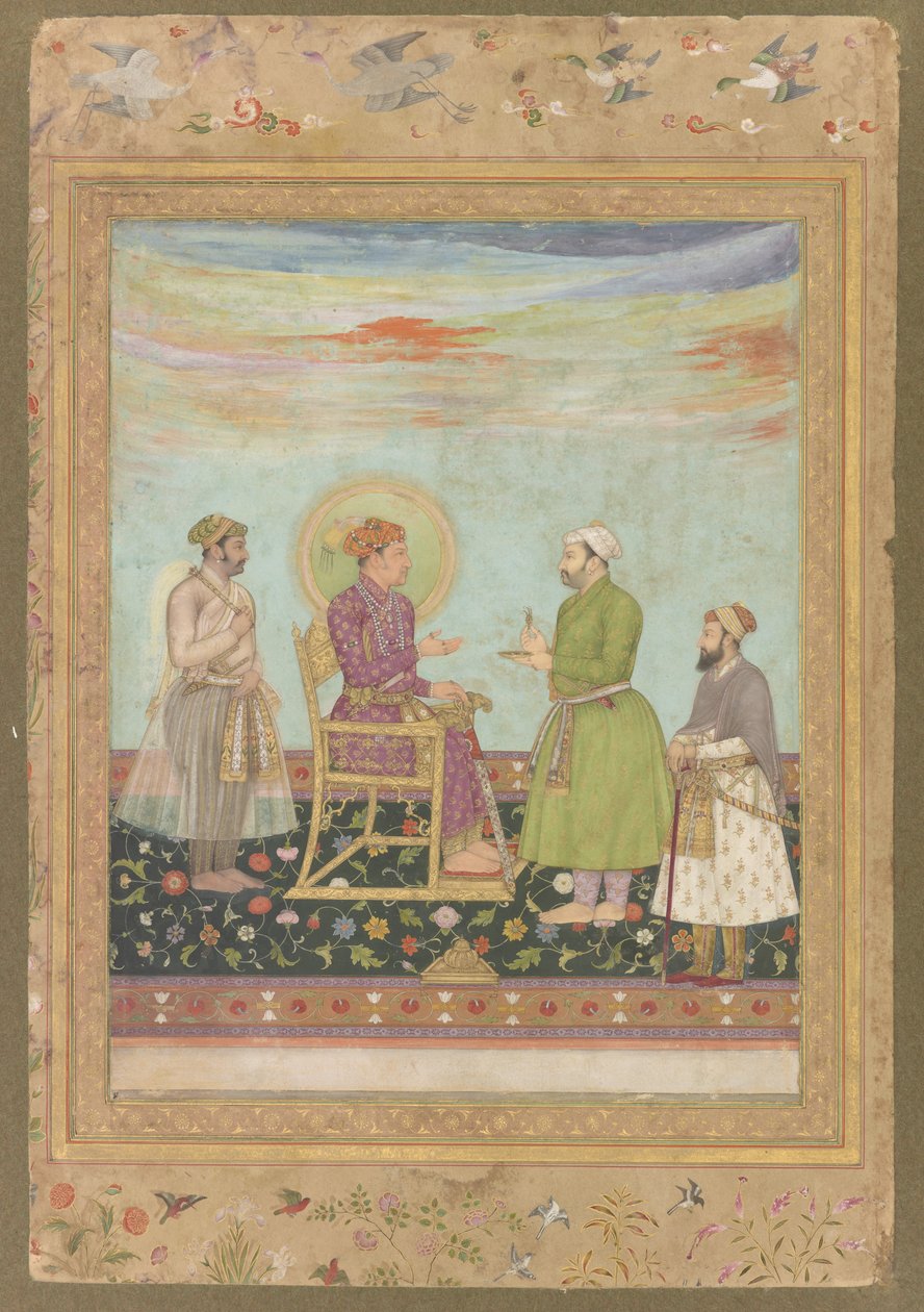 स्वर्गीय शाहजहाँ एल्बम के आसफ खान और शाइस्ता खान के साथ जहाँगीर, पांडुलिपि फोलियो को रद्द कर दिया, c.1650 द्वारा मुगल स्कूल