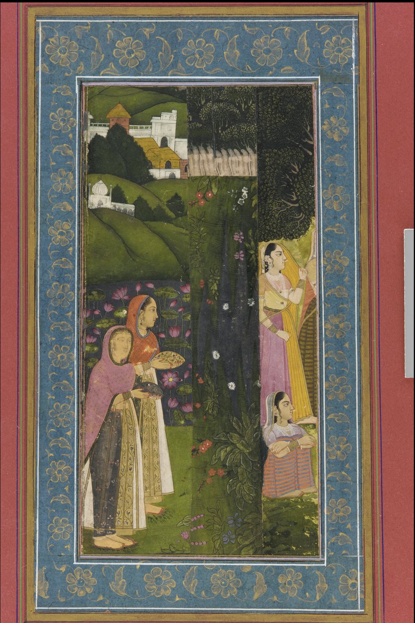 लेडीज़ इन ए गार्डन, एल्बम फोलियो, पेंटिंग के साथ, 18 वीं शताब्दी के अंत में द्वारा मुगल स्कूल