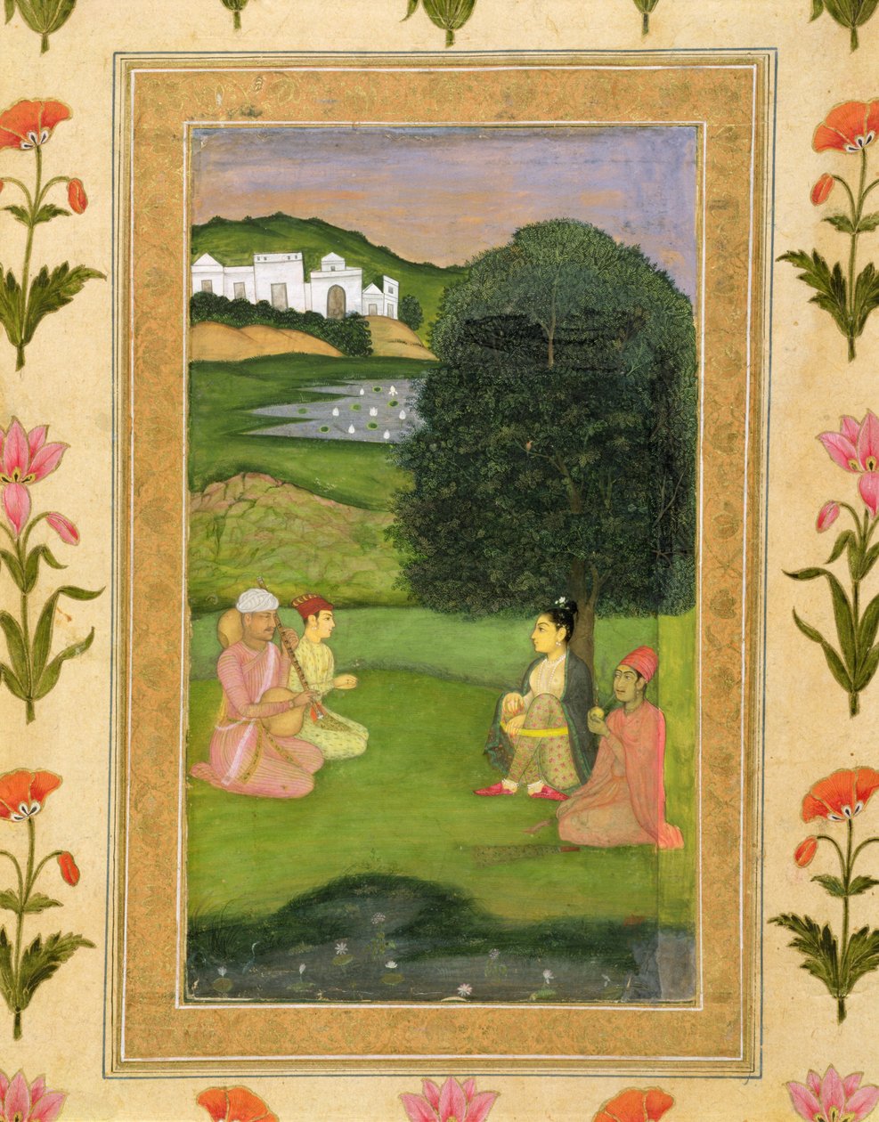 स्माल क्लाइव एल्बम से सूर्यास्त में संगीत सुनती लेडी और अटेंडेंट द्वारा मुगल स्कूल