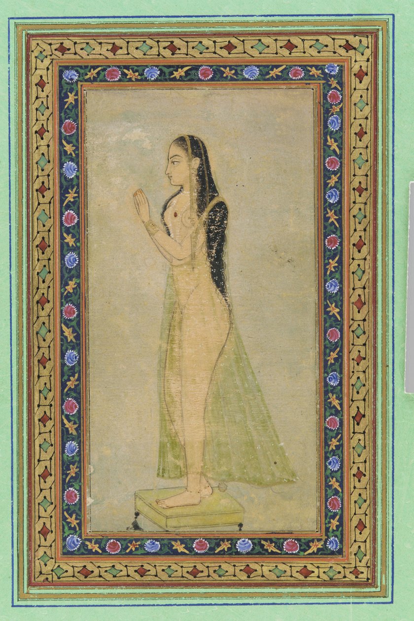 लेडी ऑन प्रेयर, एल्बम फोलियो पेंटिंग के साथ, c.1900 द्वारा मुगल स्कूल