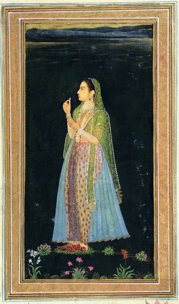 स्माल क्लाइव एल्बम (कागज़ पर अपारदर्शी wc) से एक महिला फूल को पकड़ती है द्वारा मुगल स्कूल