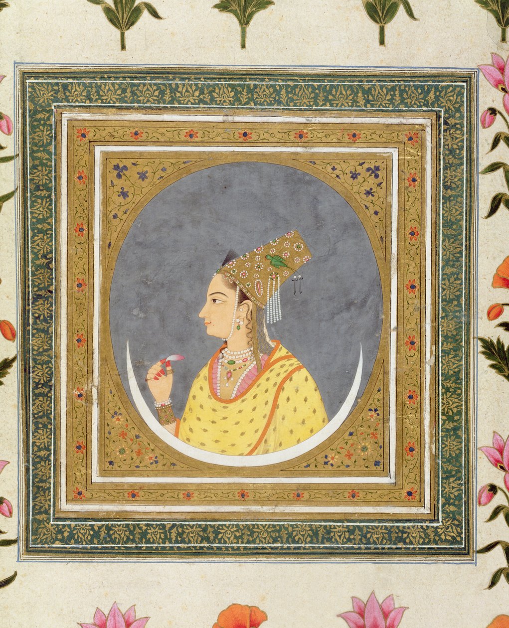 स्माल क्लाइव एल्बम, c.1750-60 से कमल की पंखुड़ी रखने वाली महिला का चित्र द्वारा मुगल स्कूल