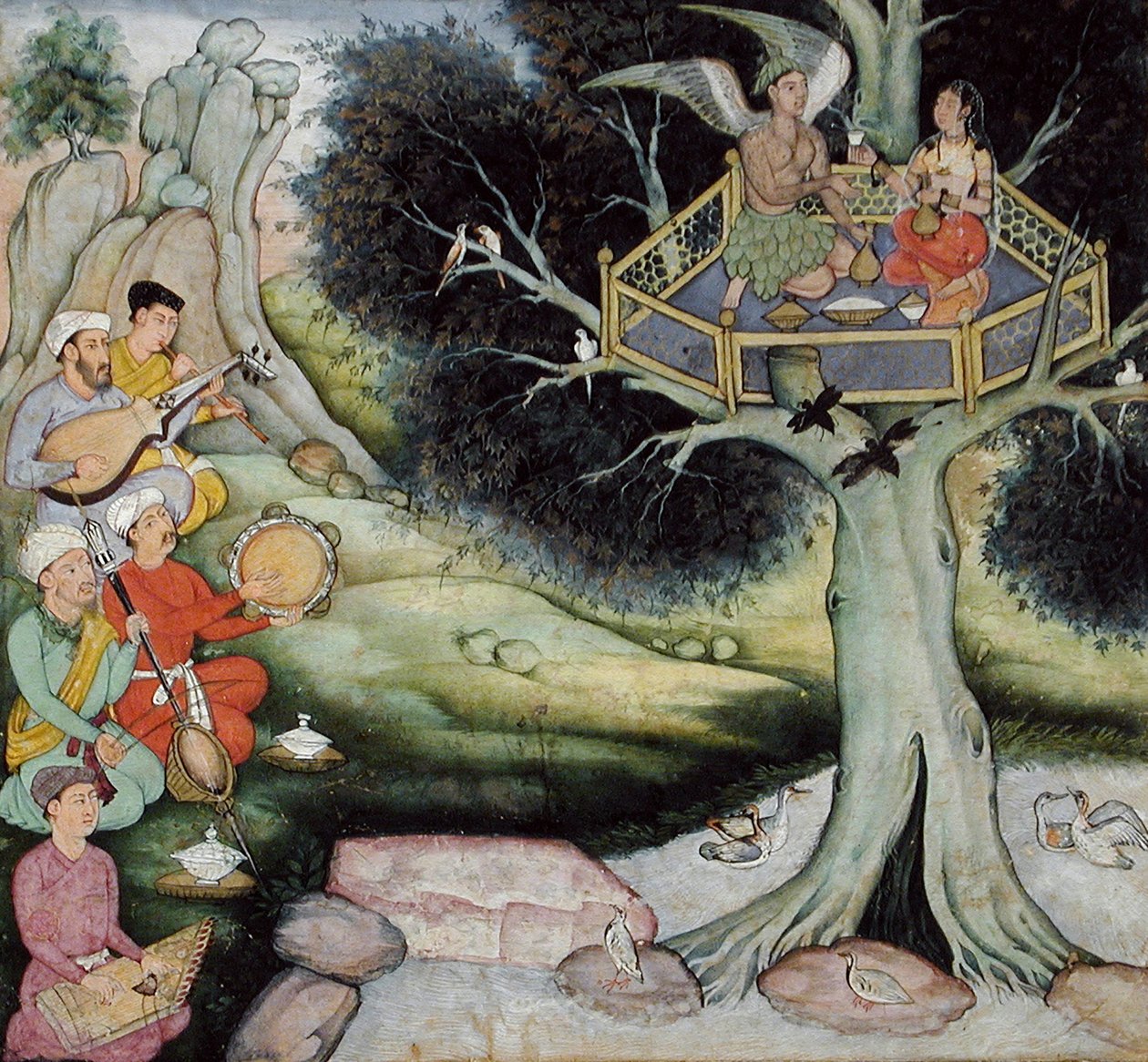 सोमप्रभा और एक दिव्य अप्सरा संगीत सुनना, c.1590 द्वारा मुगल स्कूल