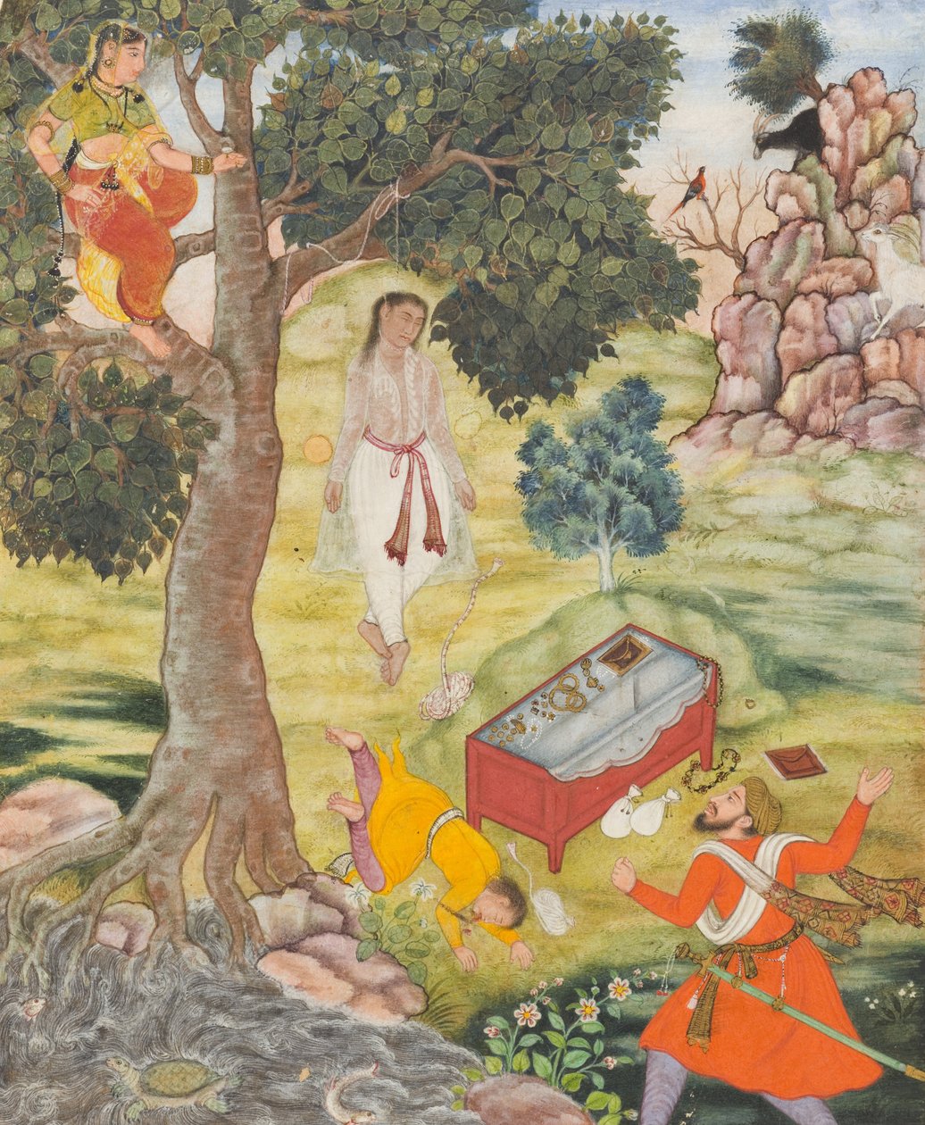 चालाक सिद्धिकारी की कथा, c.1590 (अपारदर्शी जल रंग, सोना और कागज पर स्याही) द्वारा मुगल स्कूल