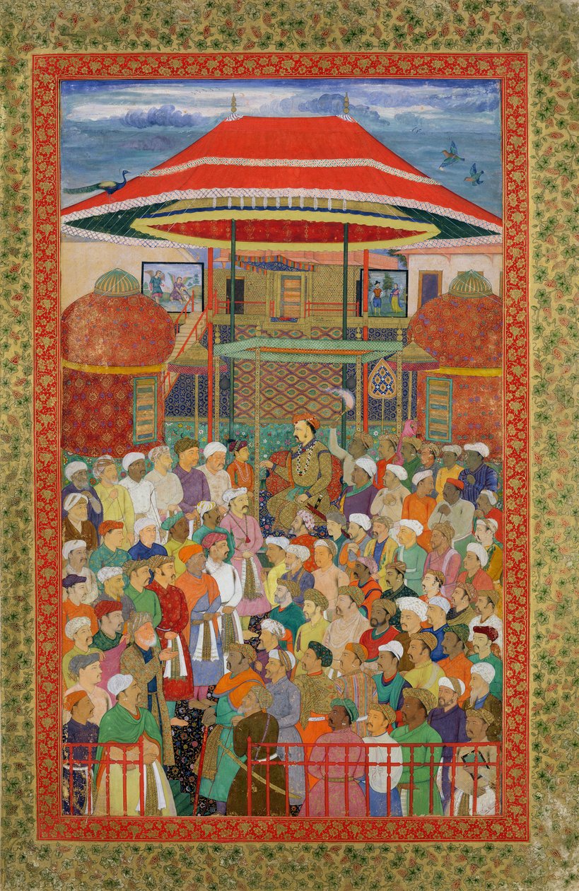 सम्राट जहांगीर (शाह सलीम) का स्वागत करते हुए कोर्ट (1569-1627) द्वारा मुगल स्कूल