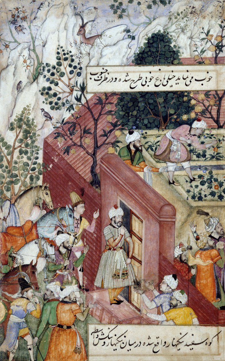 मुगल सम्राट बाबर (r.1526-30) एक बगीचे के बाहर बिछाने की देखरेख करते हैं, &39;अकबरनामा&39; से, लाइनों का उपयोग करते हुए, c.1590 (चर्मपत्र पर गौचे) द्वारा मुगल स्कूल