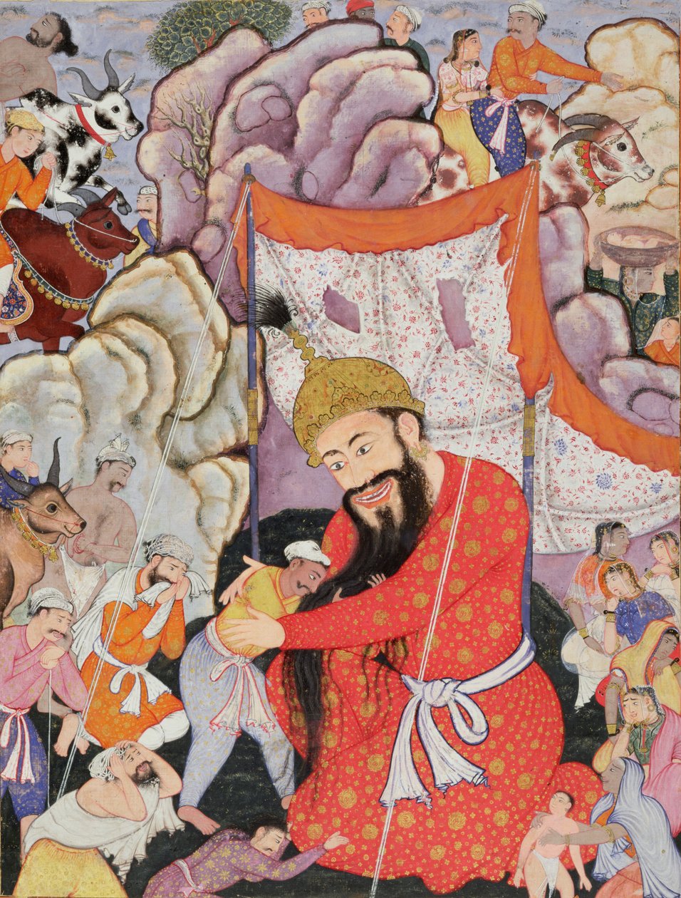 ज़ुमुरूद शाह एक विशाल पर्वत के पैर तक पहुँचता है और रायम ब्लड-ड्रिंकर और यकुत शाइनिंग, 1557-72 (कपास पर wc और सोने की पत्ती) से जुड़ता है द्वारा मुगल स्कूल