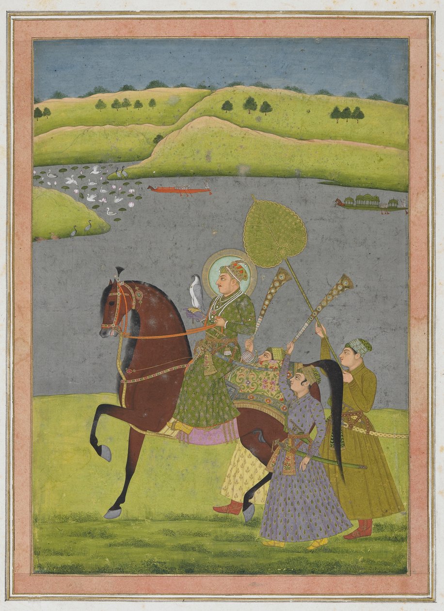 इम्पी एल्बम से मुहम्मद शाह का घुड़सवार चित्र, पांडुलिपि फोलियो, c.1730 (कागज पर अपारदर्शी जल रंग और सोना) द्वारा मुगल स्कूल