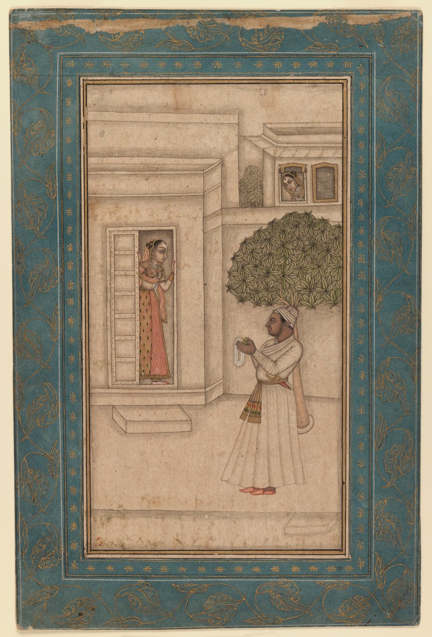 प्रिंस एंड हिज़ बिल्लाड इन ए गार्डन, c.1760 (स्याही और कागज पर अपारदर्शी) द्वारा मुगल स्कूल