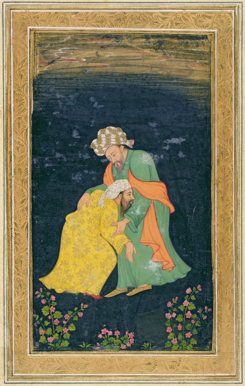 एक मुल्ला ईरानी पोशाक में एक व्यक्ति को नमन करता है, जो उसे अपने अपमान से ऊपर उठाता है, छोटे क्लाइव एल्बम (कागज पर wc) से द्वारा मुगल स्कूल