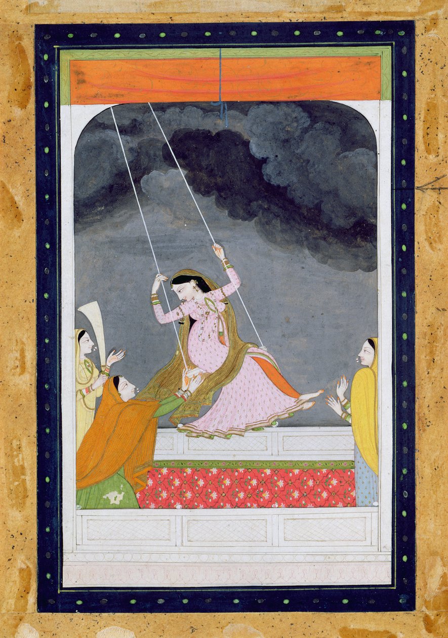 झूले पर एक महिला, कांगड़ा, पंजाब हिल्स c.1790 (कागज पर अपारदर्शी wc) द्वारा मुगल स्कूल