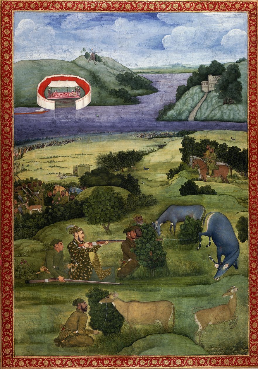 एक राजकुमार और साथी जो ब्लैकबक का शिकार करते हैं, c.1670-80 द्वारा मुगल स्कूल