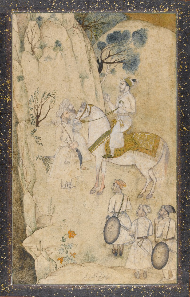 घोड़े पर एक राजकुमार, पांच परिचारकों के साथ, एक झरना के बारे में (कलम और स्याही के साथ wc, ग्रेफाइट और कागज पर सोना) द्वारा मुगल स्कूल