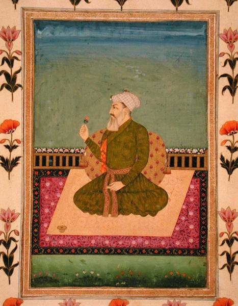 स्माल क्लाइव एल्बम (कागज पर अपारदर्शी जल रंग) से एक कालीन या छत पर बैठा एक शासक, एक फूल पकड़े हुए द्वारा मुगल स्कूल