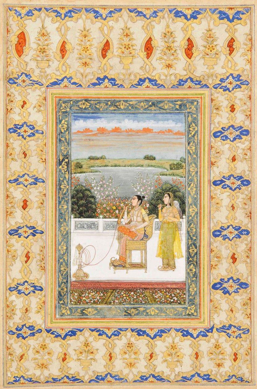 एल्बम पेज: दिल्ली की छत पर गुलबदन बेगम धूम्रपान करती हैं, c.1800 द्वारा मुगल स्कूल