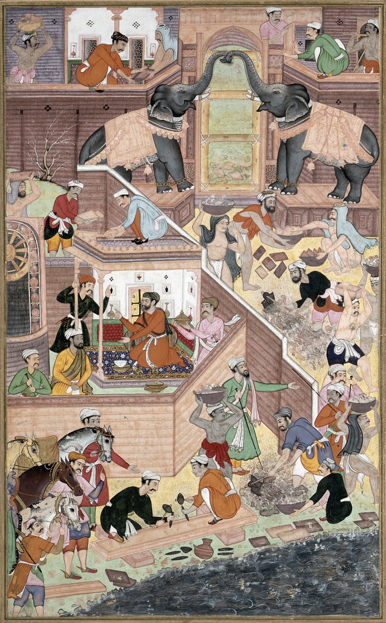 सम्राट अकबर (r.1556-1605) अबुल फ़ाज़ी द्वारा बनाई गई अकबरनामा से फतेहपुर सीकरी में निर्माण कार्य का निरीक्षण, 1590-98 (कागज पर अपारदर्शी wc और सोना) द्वारा मुगल स्कूल