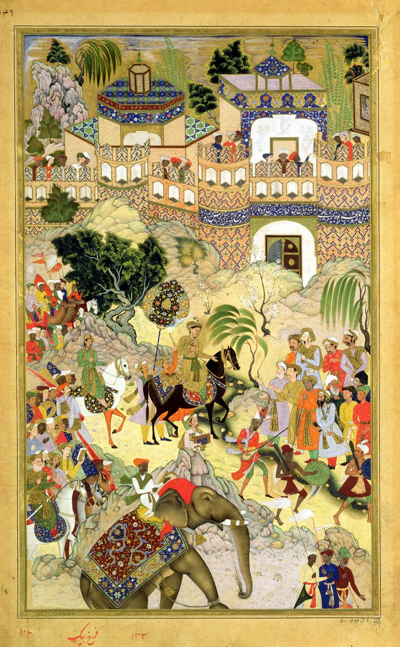 सम्राट अकबर ने सूरत में अबुल फ़ाज़ी (1515-1602) 1590-98 (कागज पर अपारदर्शी wc और सोना) द्वारा निर्मित अकबरनामा से विजयी प्रविष्टि द्वारा मुगल स्कूल
