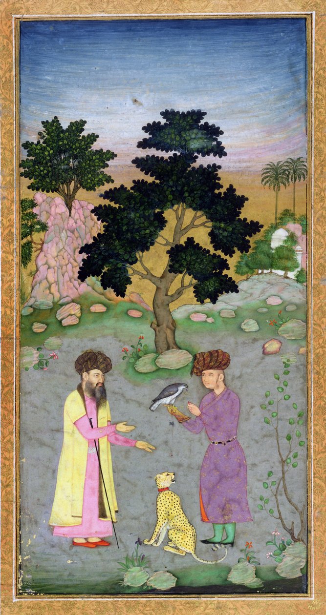 छोटे क्लाइव एल्बम से साथी और पालतू चीता के साथ फाल्कनर, c.1610-15 (पोस्ट पर अपारदर्शी लेख) द्वारा मुगल स्कूल